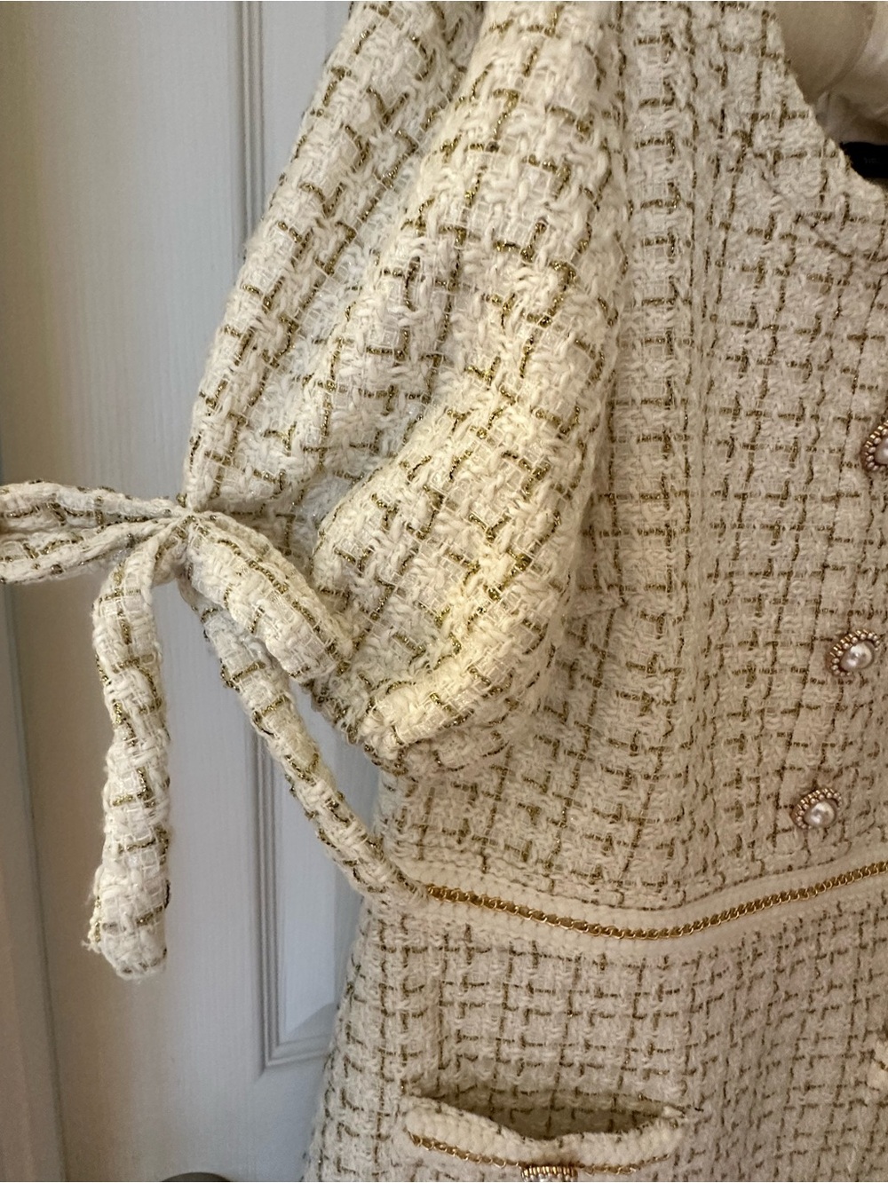 Simply Southern Cream Tweed Puff-Sleeve Dress with Pearl/Gold Buttons - Picture 5 of 9